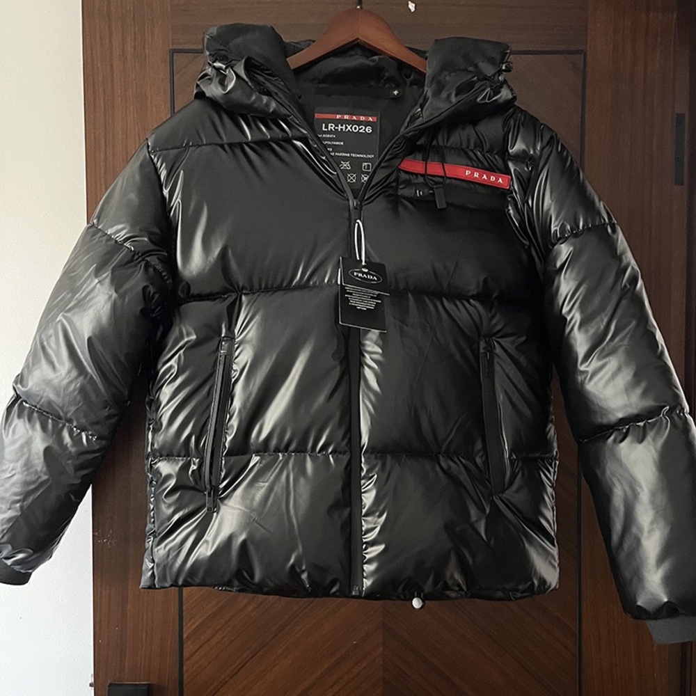 Prada Glossy Black Quilted Hooded Puffer with Red Logo Trim